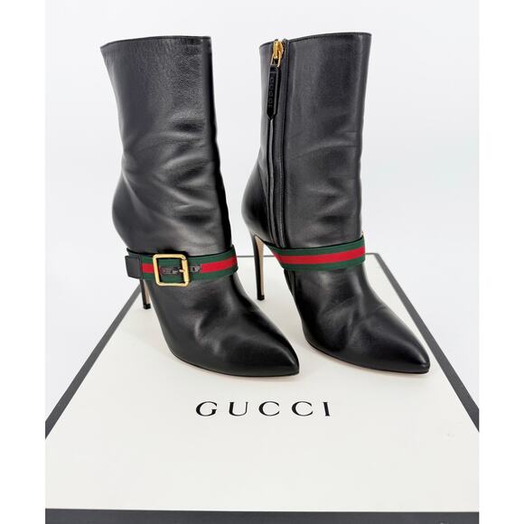 Gucci Sylvie Web Stripe Black Leather Boots High Heel Booties Size 37 US 7 - Picture 1 of 15